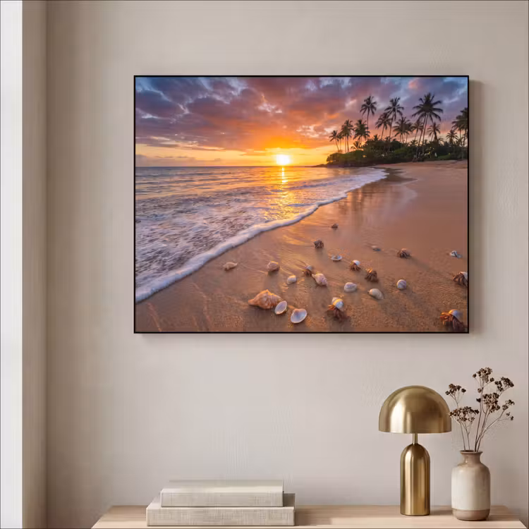 Strand - Zonsondergang - Palmbomen - Natuur - Oranje Textielframe zwart klein -sfeer2