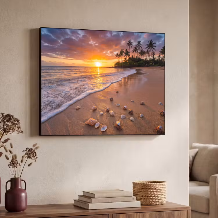 Strand - Zonsondergang - Palmbomen - Natuur - Oranje Textielframe zwart klein -sfeer3