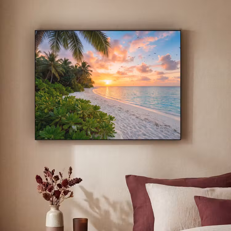 Strand - Zonsondergang - Palmbomen - Tropisch - Natuur Textielframe zwart klein -sfeer1