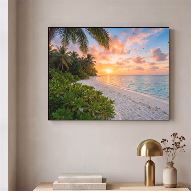 Strand - Zonsondergang - Palmbomen - Tropisch - Natuur Textielframe zwart klein -sfeer2