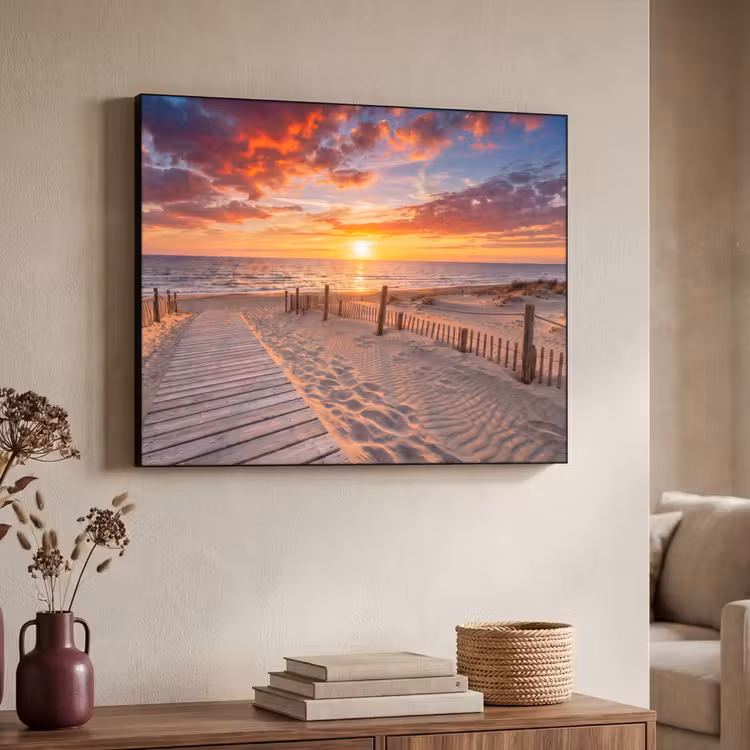 Strand - Zonsondergang - Zee - Natuur - Oranje Textielframe zwart klein -sfeer3