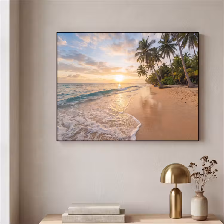 Strand - Zonsondergang - Tropisch - Natuur - Goud Textielframe zwart klein -sfeer2