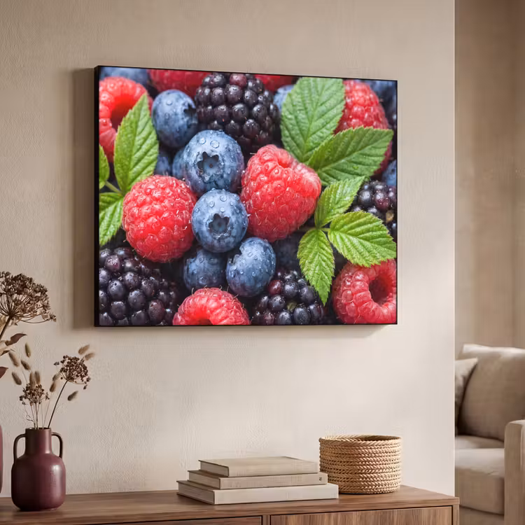 Bessen - Vers - Waterdruppels - Kleurrijk - Eten Textielframe zwart klein -sfeer3