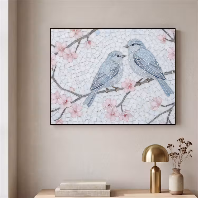 Vogel - Bloemen - Natuur - Mozaïek - Roze Textielframe zwart klein -sfeer2