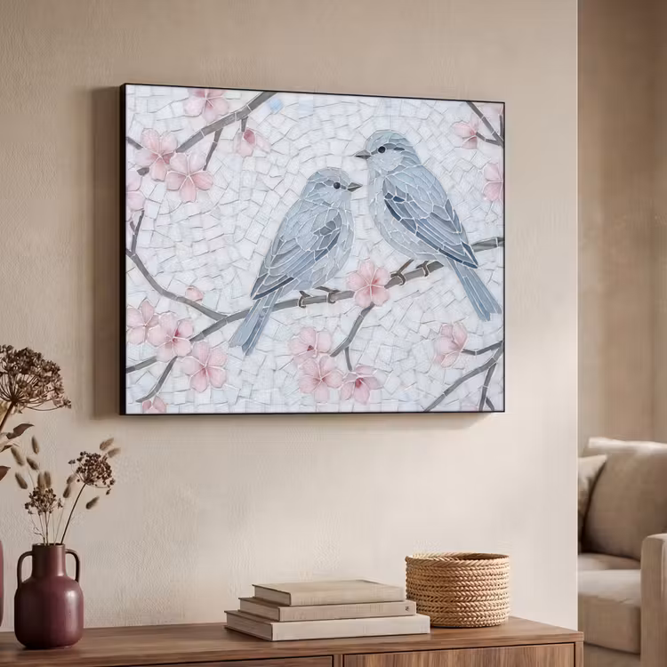 Vogel - Bloemen - Natuur - Mozaïek - Roze Textielframe zwart klein -sfeer3