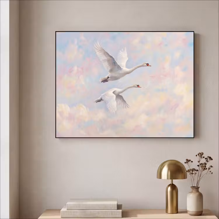 Vogel - Vliegend - Lucht - Modern - Pastel Textielframe zwart klein -sfeer2