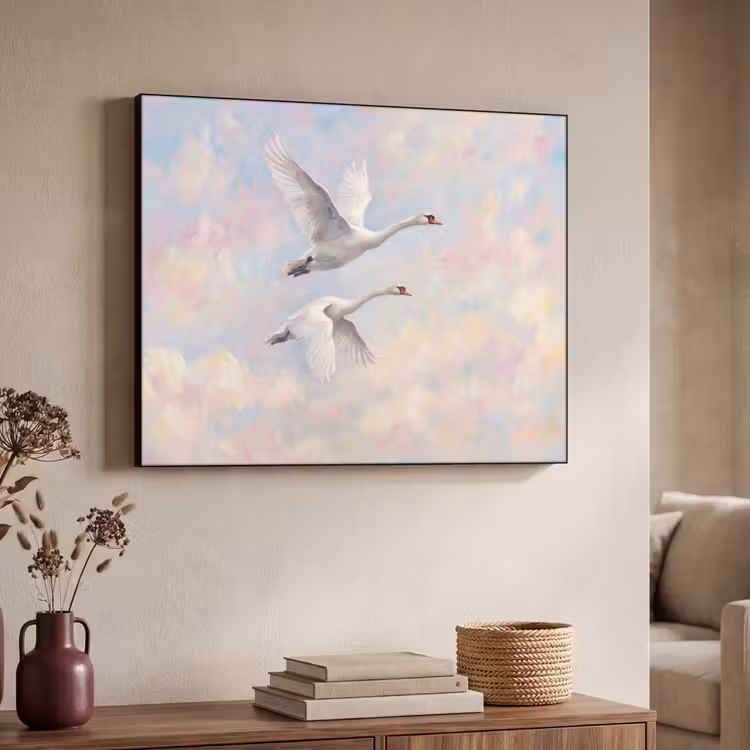 Vogel - Vliegend - Lucht - Modern - Pastel Textielframe zwart klein -sfeer3