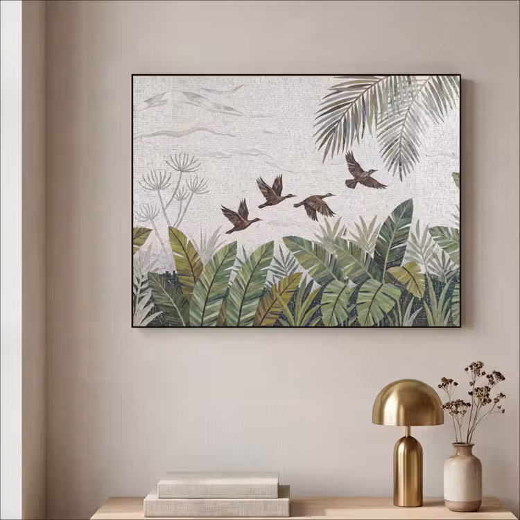 Vogel - Vliegend - Tropisch - Mozaïek - Groen Textielframe zwart klein -sfeer2