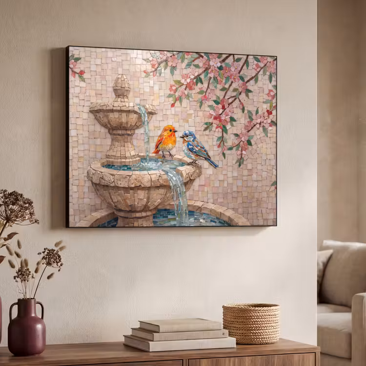 Vogel - fontein - mozaiek - kleurrijk - dieren Textielframe zwart klein -sfeer3