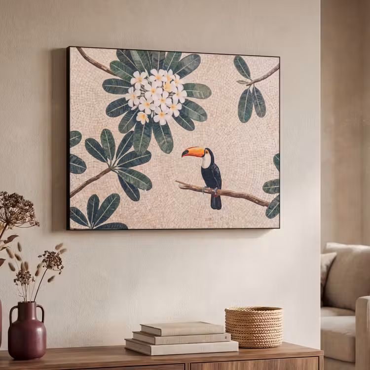 Vogel - Mozaïek - Tropisch - Natuur - Kleurrijk Textielframe zwart klein -sfeer3