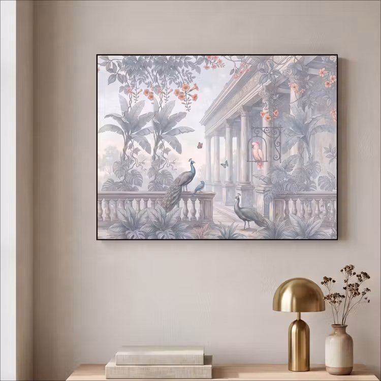 Vogel - Pauw - Architectuur - Klassiek - Groen Textielframe zwart klein -sfeer2