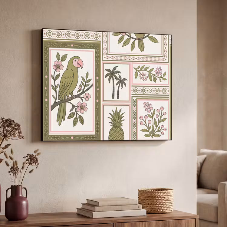 Vogel - Tropisch - Patroon - Decoratief - Groen Textielframe zwart klein -sfeer3