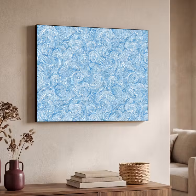 Blauw - Wit - Spiraal - Golven - Lijnen Textielframe zwart klein 947 -sfeer3