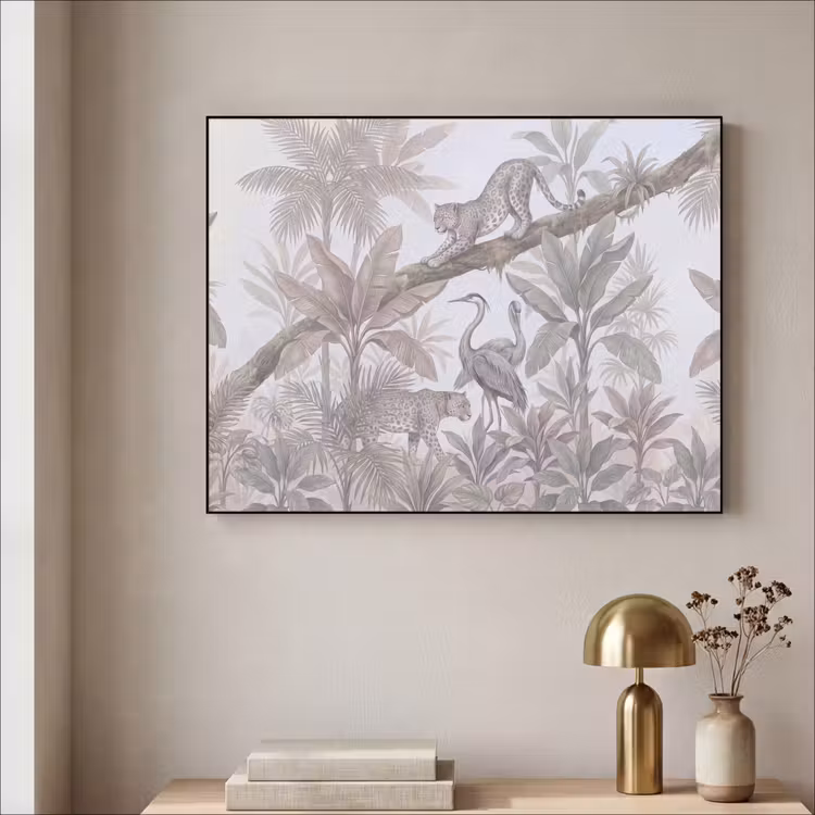 Kat - Vogel - Jungle - Illustratie - Dieren Textielframe zwart klein -sfeer2