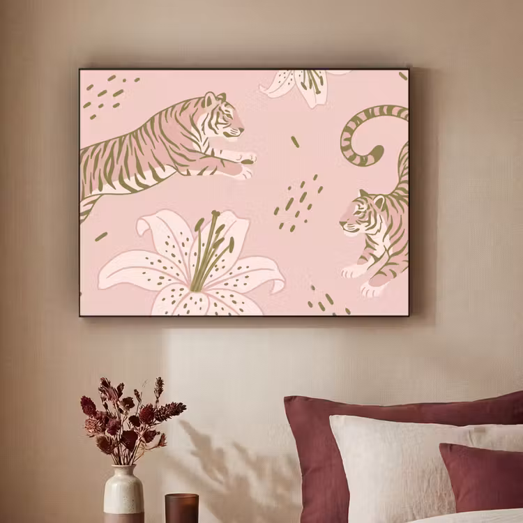 Kat - Springend - Bloemen - Abstract - Roze Textielframe zwart klein -sfeer1