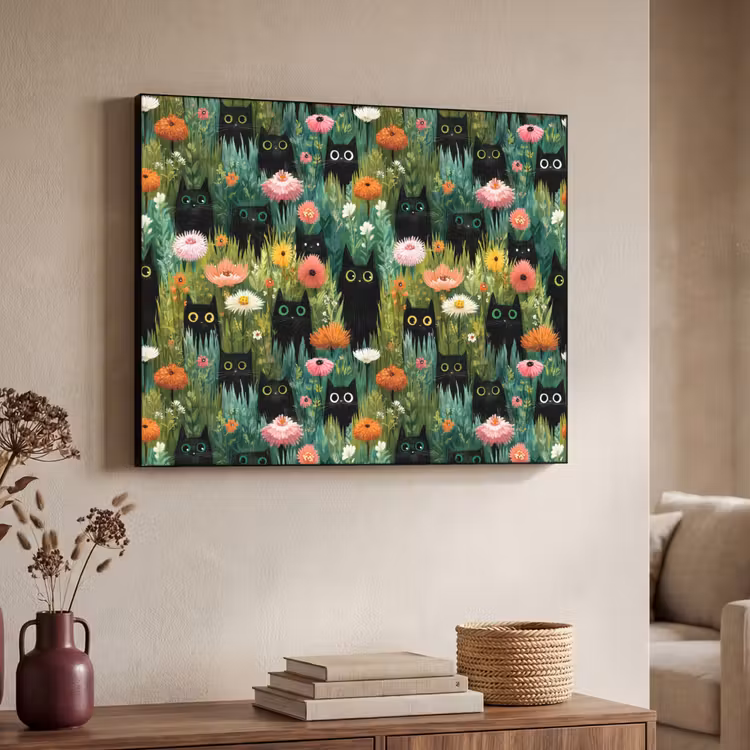 Katten - Bloemen - Kleurrijk Textielframe zwart klein 947 -sfeer3