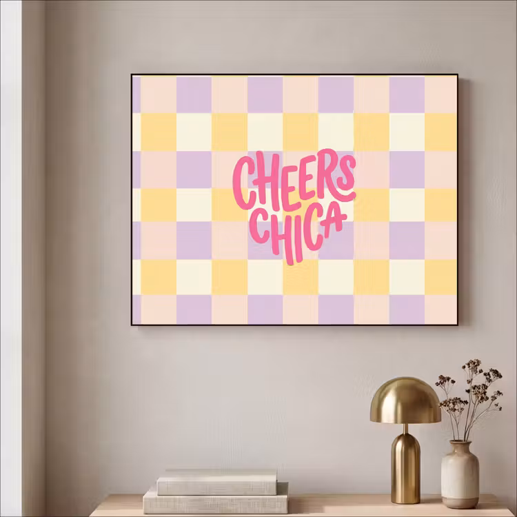 Cheers Chica - Ruitjes - Lila - Geel Textielframe zwart klein -sfeer2