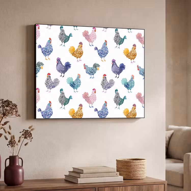 Kippen -Aquarel - Kleurrijk Textielframe zwart klein 947 -sfeer3