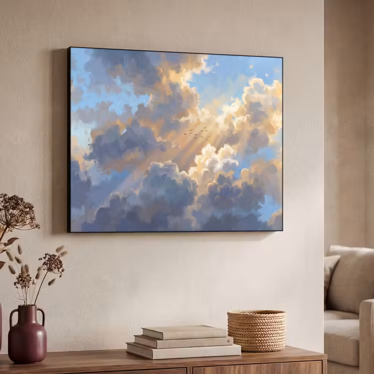 Wolken - Zonnestralen - Natuur - Abstract - Blauw Textielframe zwart klein -sfeer3