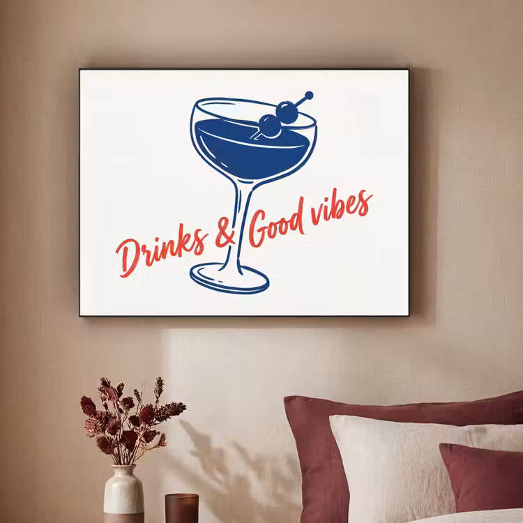 Cocktail - Glas - Illustratie - Blauw - Wit Textielframe zwart klein -sfeer1