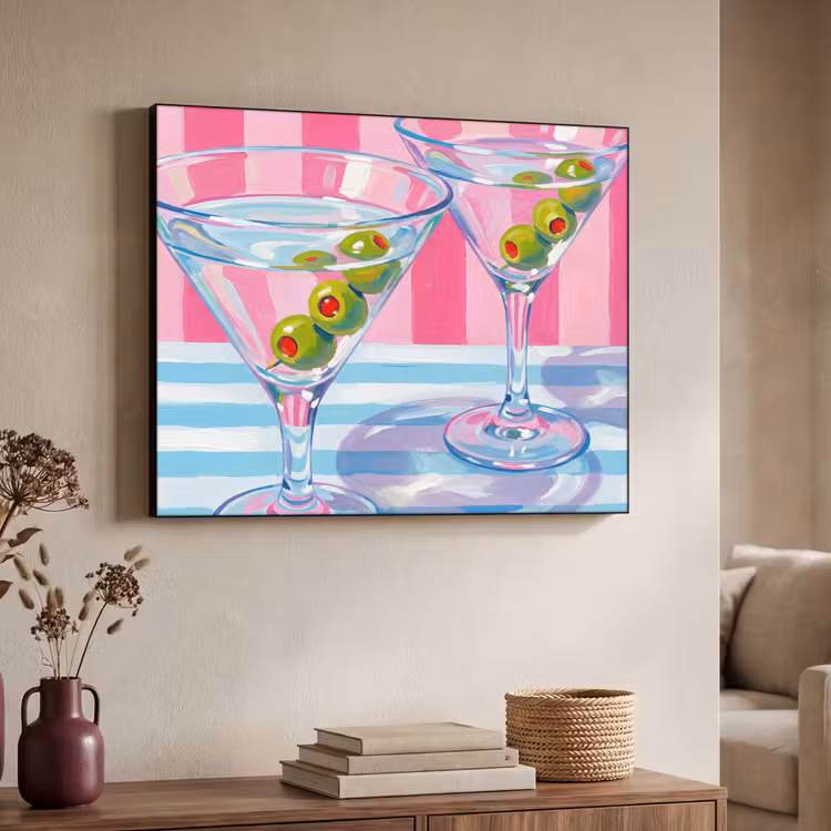 Cocktail - Olijven - Kunst - Modern - Roze Textielframe zwart klein -sfeer3
