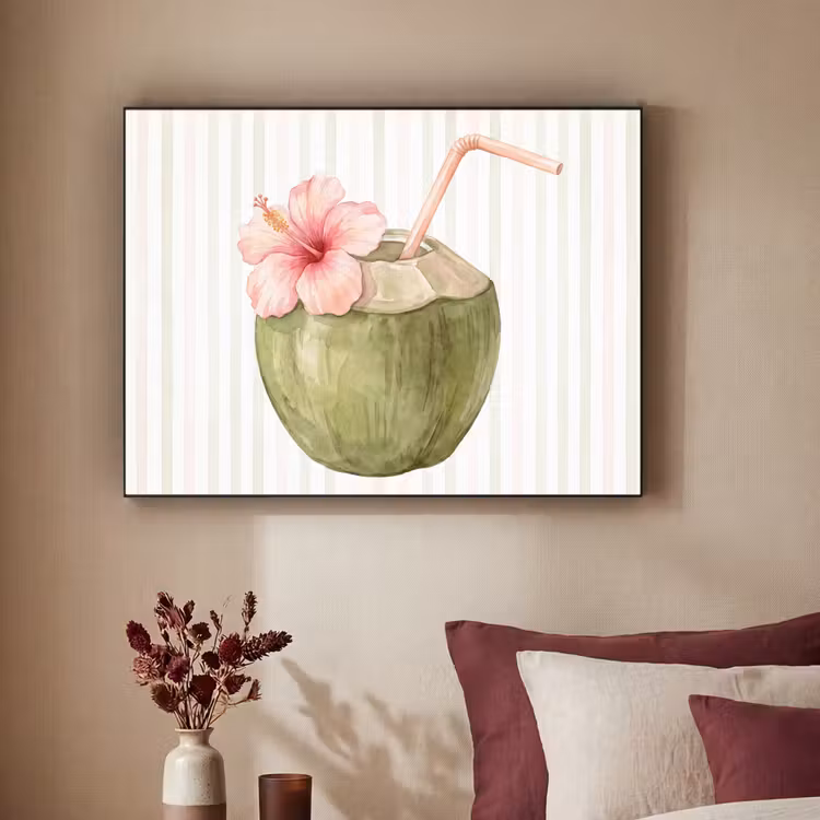 Kokosnoot - Drank - Tropisch - Illustratie - Zomer Textielframe zwart klein -sfeer1