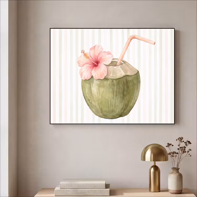 Kokosnoot - Drank - Tropisch - Illustratie - Zomer Textielframe zwart klein -sfeer2