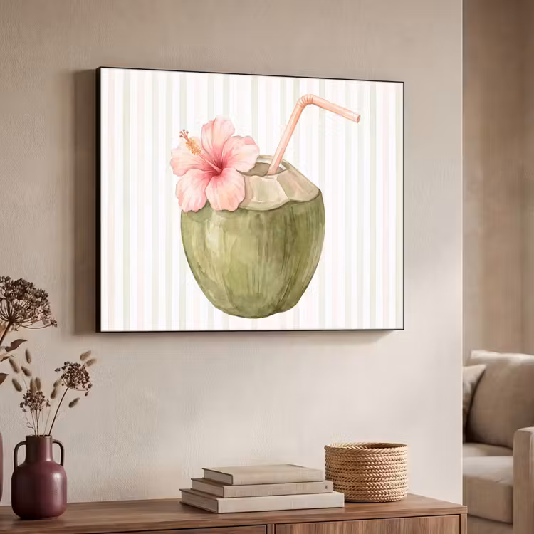 Kokosnoot - Drank - Tropisch - Illustratie - Zomer Textielframe zwart klein -sfeer3