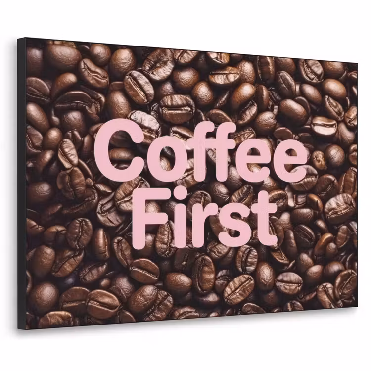 Coffee First - Koffiebonen - Roze Textielframe zwart klein -3d
