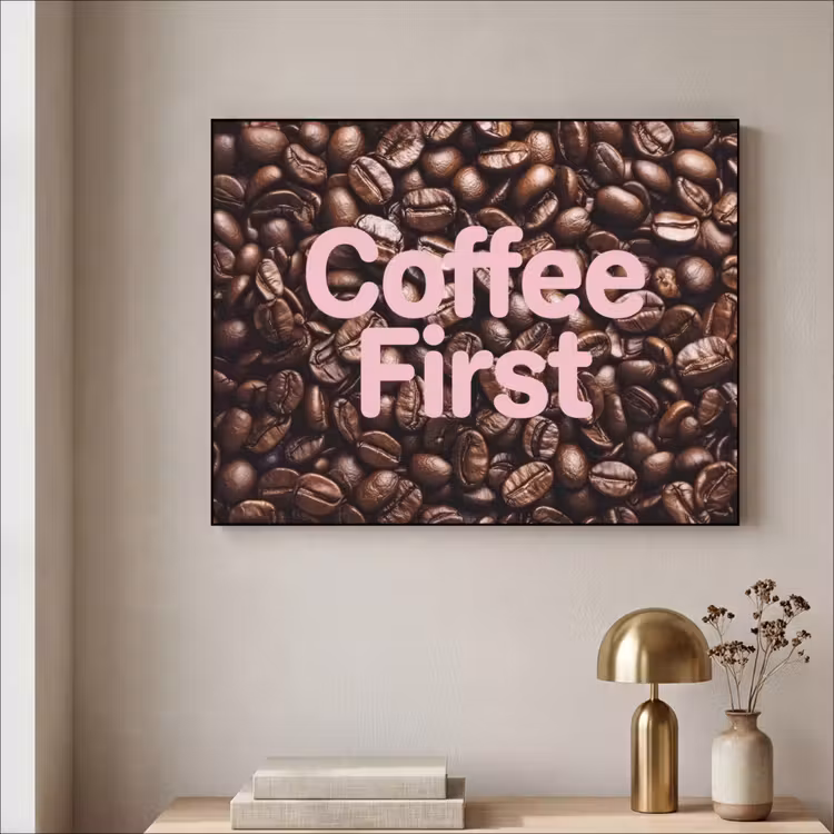Coffee First - Koffiebonen - Roze Textielframe zwart klein -sfeer2