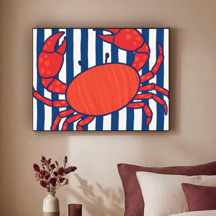 Krab - Strepen - Zeeleven - Illustratie - Rood Textielframe zwart klein -sfeer1