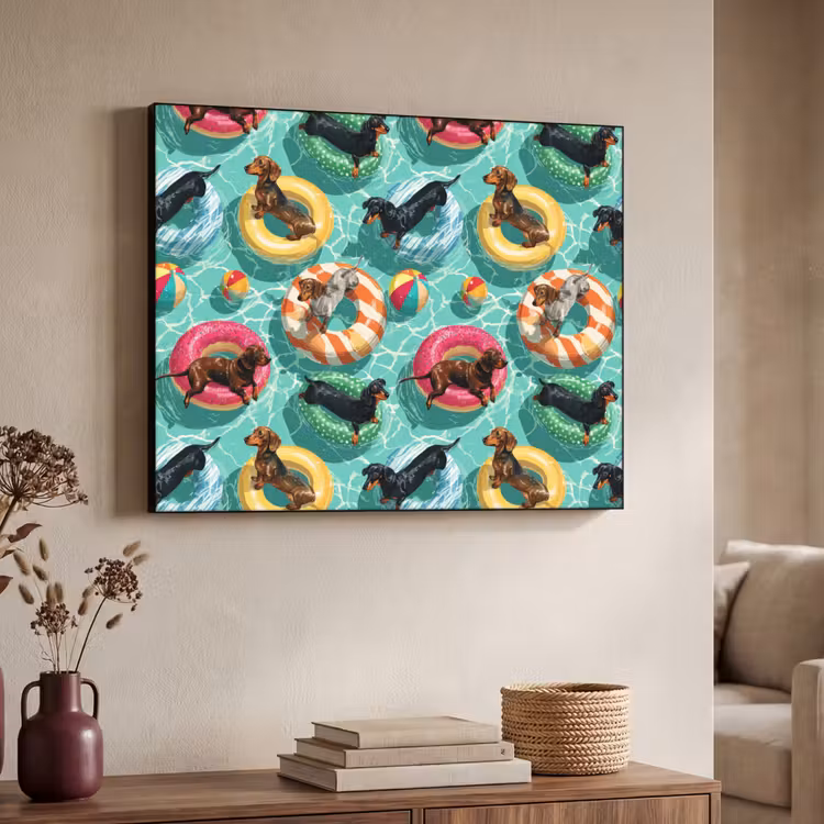 Teckels - Zwembad - Kleurrijk Textielframe zwart klein 947 -sfeer3
