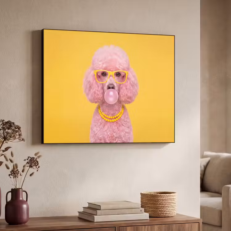 Hond - Kauwgum - Dieren - Modern - Roze Textielframe zwart klein -sfeer3
