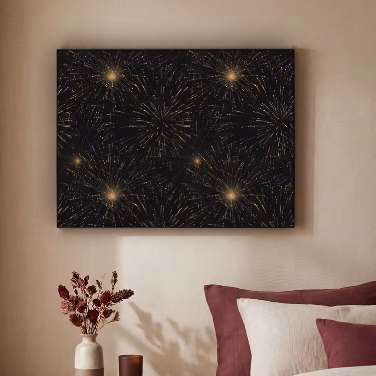 Vuurwerk - Patroon - Feestelijk - Goud - Zwart Textielframe zwart klein 947 -sfeer1