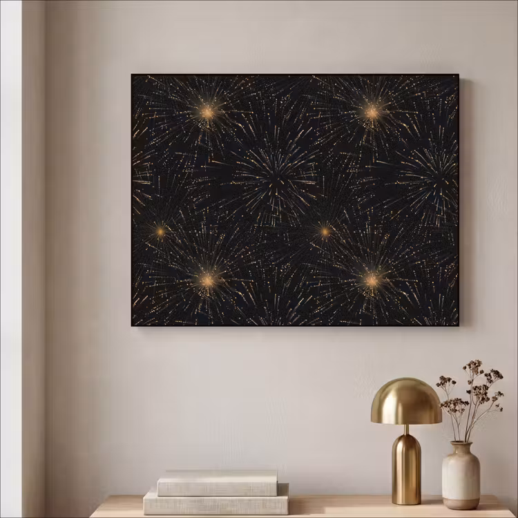 Vuurwerk - Patroon - Feestelijk - Goud - Zwart Textielframe zwart klein 947 -sfeer2