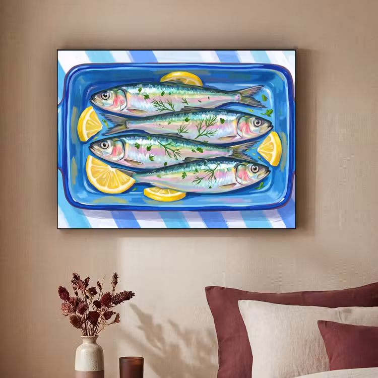 Vis - Citroen - Kruiden - Eten - Blauw Textielframe zwart klein -sfeer1
