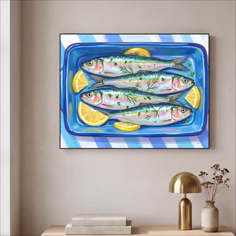 Vis - Citroen - Kruiden - Eten - Blauw Textielframe zwart klein -sfeer2