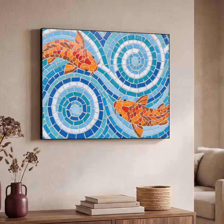Vis - Mozaïek - Water - Decoratief - Blauw Textielframe zwart klein -sfeer3