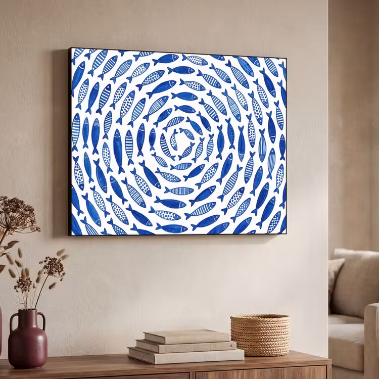 Vis - Patroon - Onderwater - Abstract - Blauw Textielframe zwart klein -sfeer3