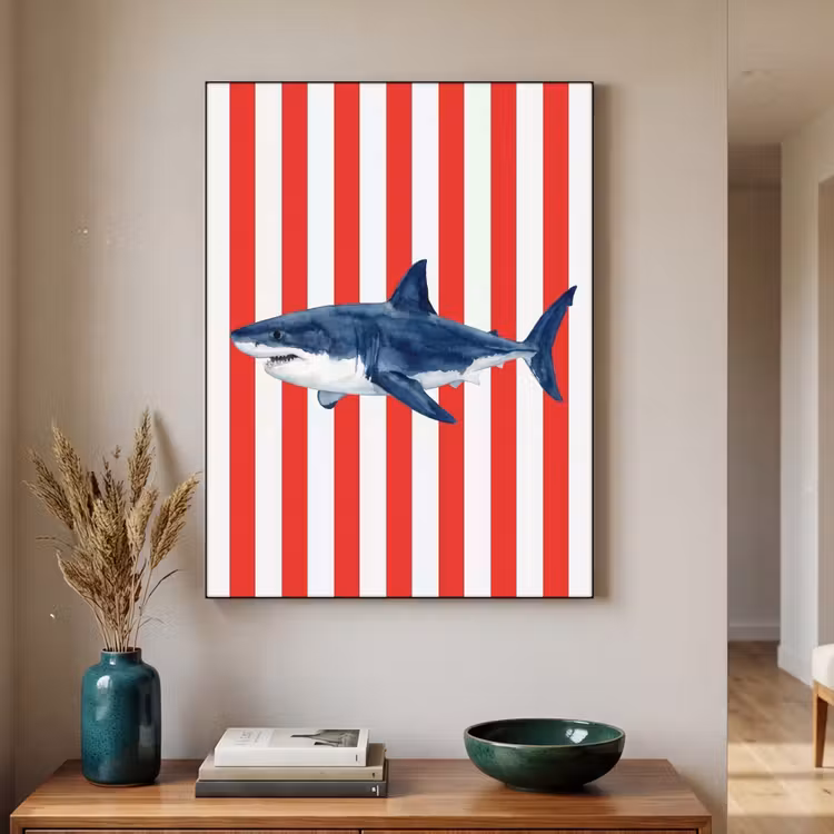 Vis - Haai - Zee - Illustratie - Blauw Textielframe zwart klein -sfeer1