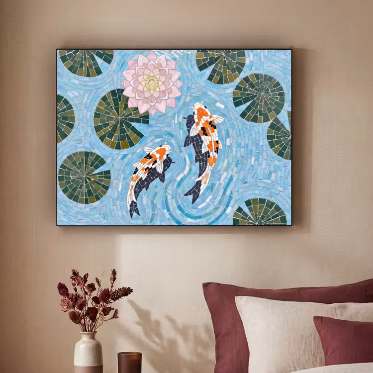 Vis - Water - Natuur - Mozaïek - Blauw Textielframe zwart klein -sfeer1