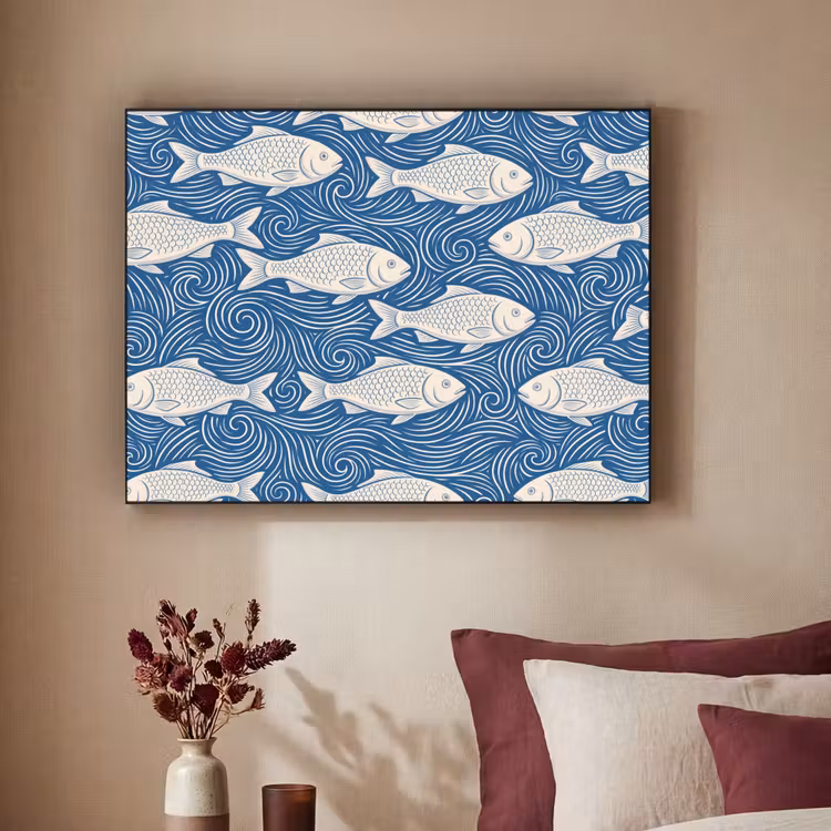 Vis - Water - Patroon - Grafisch - Blauw Textielframe zwart klein -sfeer1