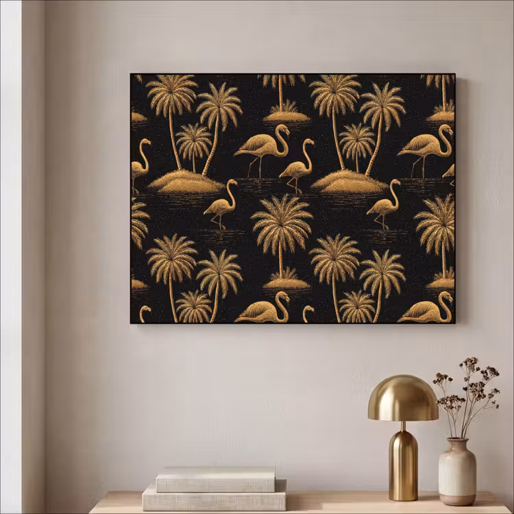 Flamingo - Palmbomen - Tropisch - Goud - Zwart Textielframe zwart klein 947 -sfeer2
