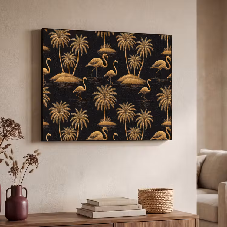 Flamingo - Palmbomen - Tropisch - Goud - Zwart Textielframe zwart klein 947 -sfeer3