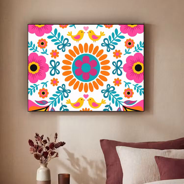 Bloemen - Vogel - Patroon - Kleurrijk - Modern Textielframe zwart klein -sfeer1