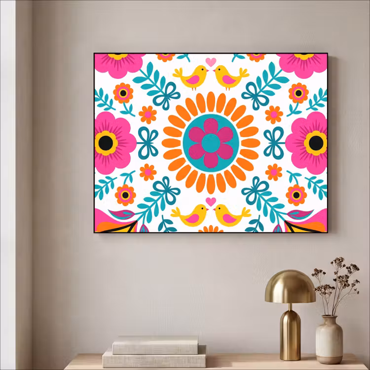 Bloemen - Vogel - Patroon - Kleurrijk - Modern Textielframe zwart klein -sfeer2