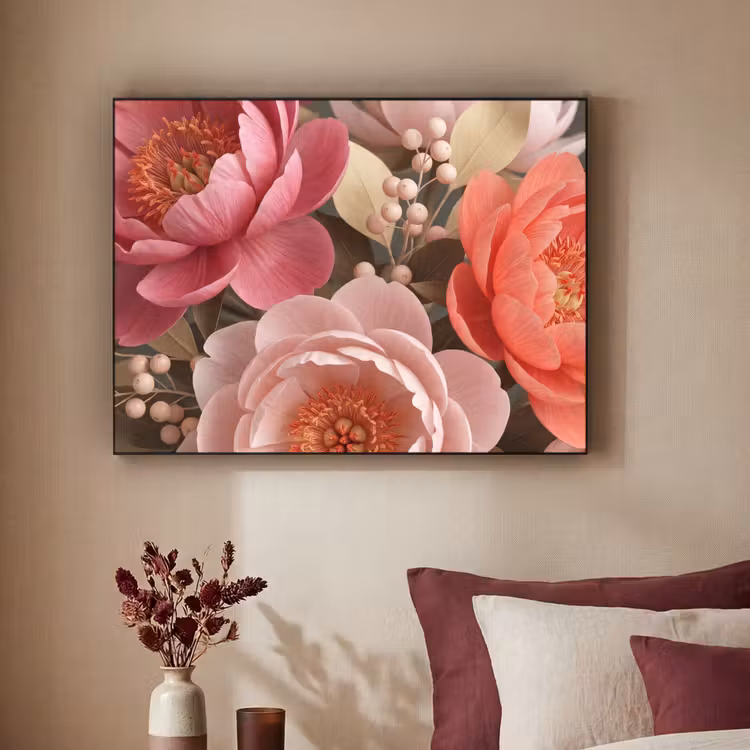 Bloemen - Bloesem - Zacht - Koraal - Decoratie Textielframe zwart klein -sfeer1