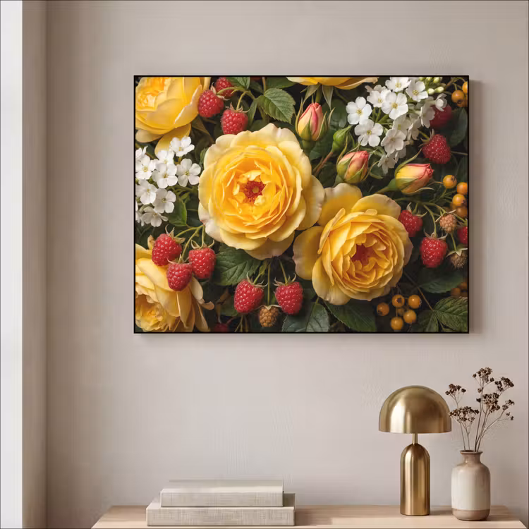 Bloemen - Boeket - Natuur - Klassiek - Geel Textielframe zwart klein -sfeer2