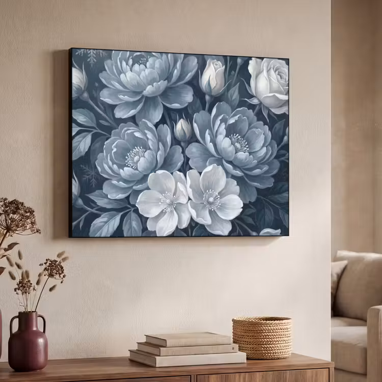 Bloemen - Boeket - Winter - Abstract - Blauw Textielframe zwart klein -sfeer3