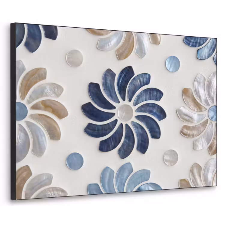 Bloemen - Parelmoer - Abstract - Patroon - Blauw Textielframe zwart klein -3d